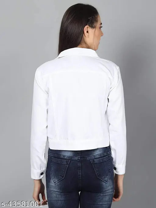 White Cotton Denim Blend Women's Casual Jacket by Saman Fashion Wear (SMLXL), solid design with spread collar and flat pockets
