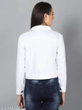 White Cotton Denim Blend Women's Casual Jacket by Saman Fashion Wear (SMLXL), solid design with spread collar and flat pockets