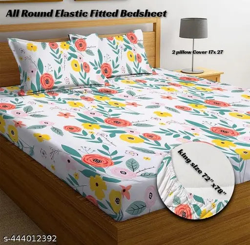 Multi-colored elastic fitted king size bedsheet with 2 pillow covers (72 x 78 inches), premium brushed polycotton, ideal for summer and heavy mattresses