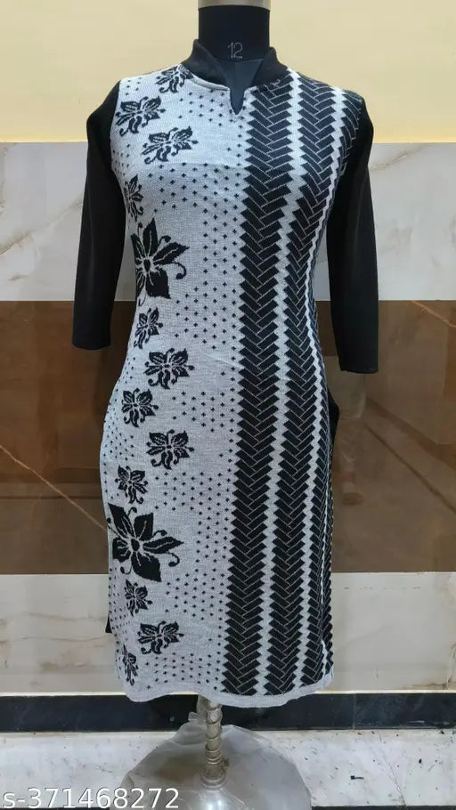 Woolen grey black embroidered kurti, three-quarter sleeves, Indian handcraft