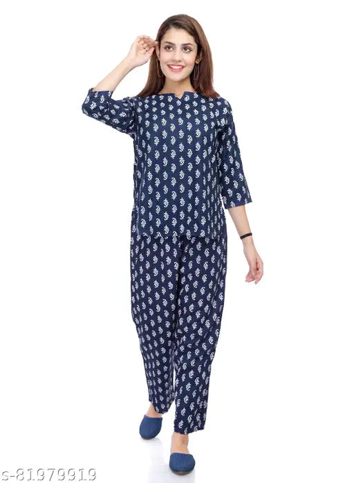 Rayon printed blue top & pajama nightdress for women/girls, three-quarter sleeves, Indian-origin rayon fabric