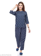 Rayon printed blue top & pajama nightdress for women/girls, three-quarter sleeves, Indian-origin rayon fabric