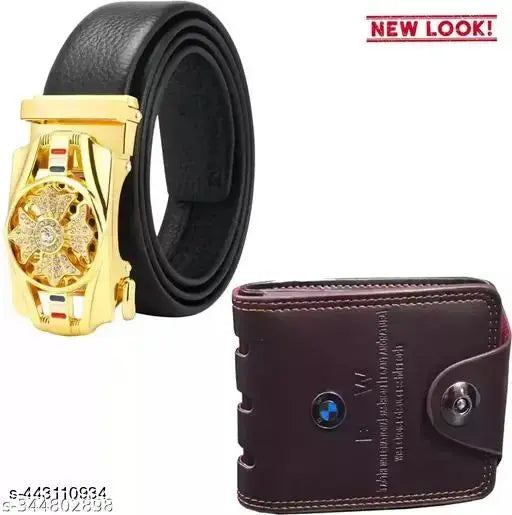 Gold leather textured net belt & wallet set, free size with BMW logo, accessory for men, on model