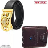 Gold leather textured net belt & wallet set, free size with BMW logo, accessory for men, on model