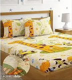 Yellow 250 TC cotton, botanical-print elastic fitted double bedsheet set (72x78 inches), includes 2 pillow covers - perfect for kids' summer rooms, made in India