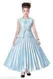 Green satin frock dress for girls, sleeveless printed net pattern, sizes 3-4 to 10-11 years, Indian origin