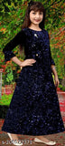 Embellished net blue velvet baby gown with three-quarter sleeves, 4-5 years size, made in India