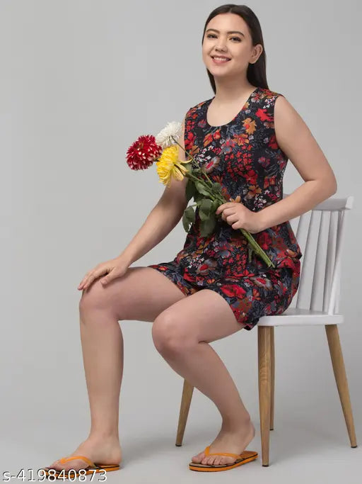 Red flower printed crepe top & shorts set for women, stylish and comfortable sleepwear combo