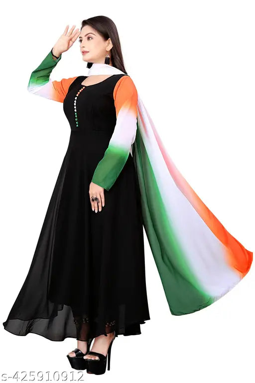 Black georgette long-sleeve dress, solid design for women's M, L, XL, XXL, XXXL sizes