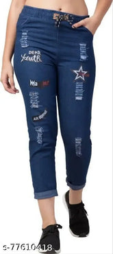 Dark blue denim Dear Youth jeans by Febrina Classic, printed net detailing on waist, size 24 (waist 24in, length 37in)