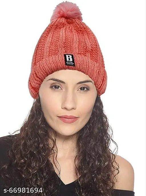 Pink wool beanie hat with bobble pom pom, warm fleece lining for outdoor sports, unisex free size