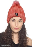 Pink wool beanie hat with bobble pom pom, warm fleece lining for outdoor sports, unisex free size