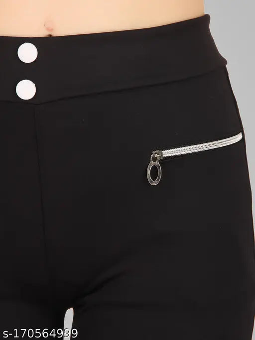 Women's & Girls solid black stylish pocket jegging - polyester, one piece available in sizes 26, 28, 30, 32, and 34 (waist 26-34in, length 37in)