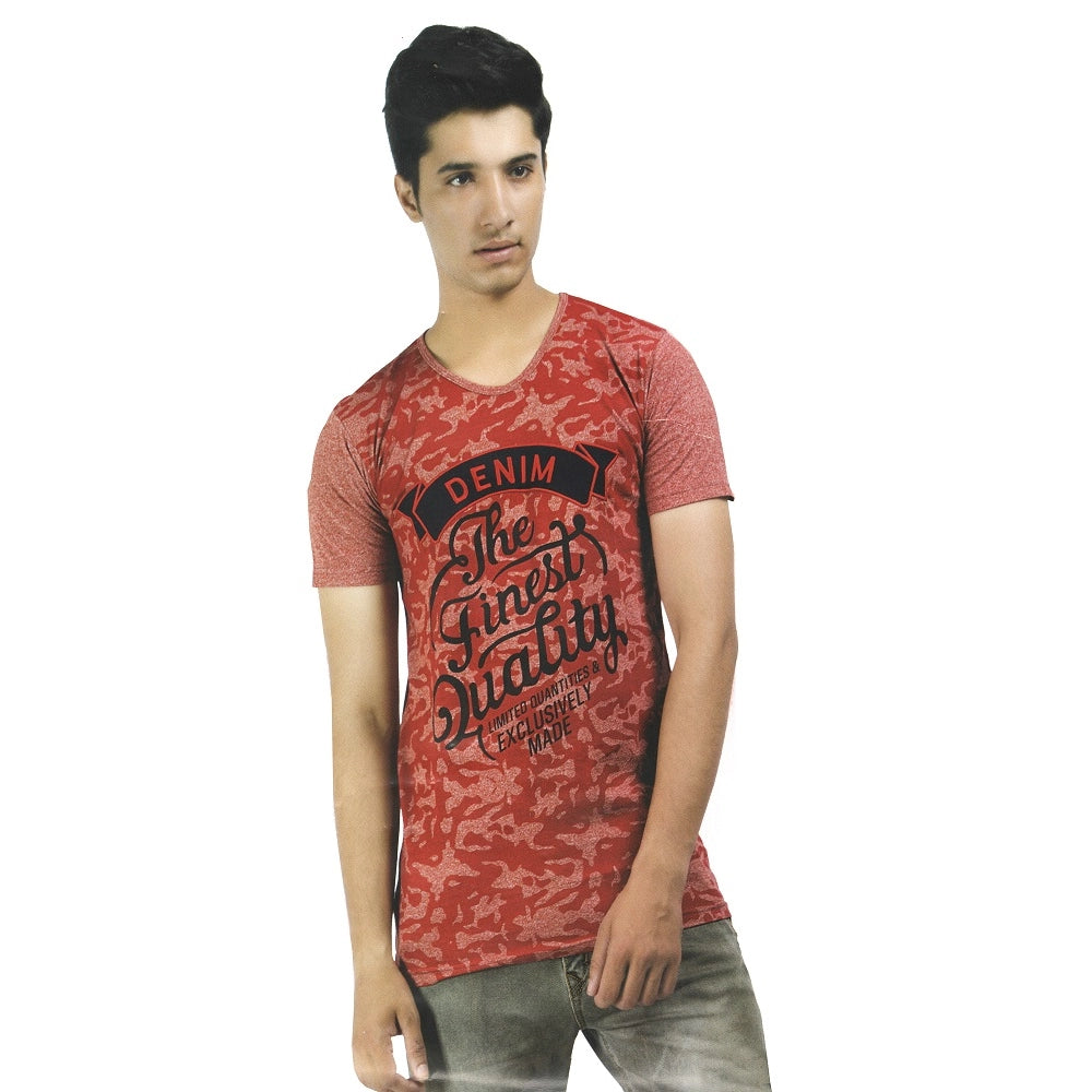 Orange hosiery men's printed T-shirt (S), round neck, half sleeve - vibrant red design