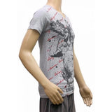 Grey cotton V-neck half sleeve men's printed t-shirt (XS), fashionable menswear apparel for casual wear