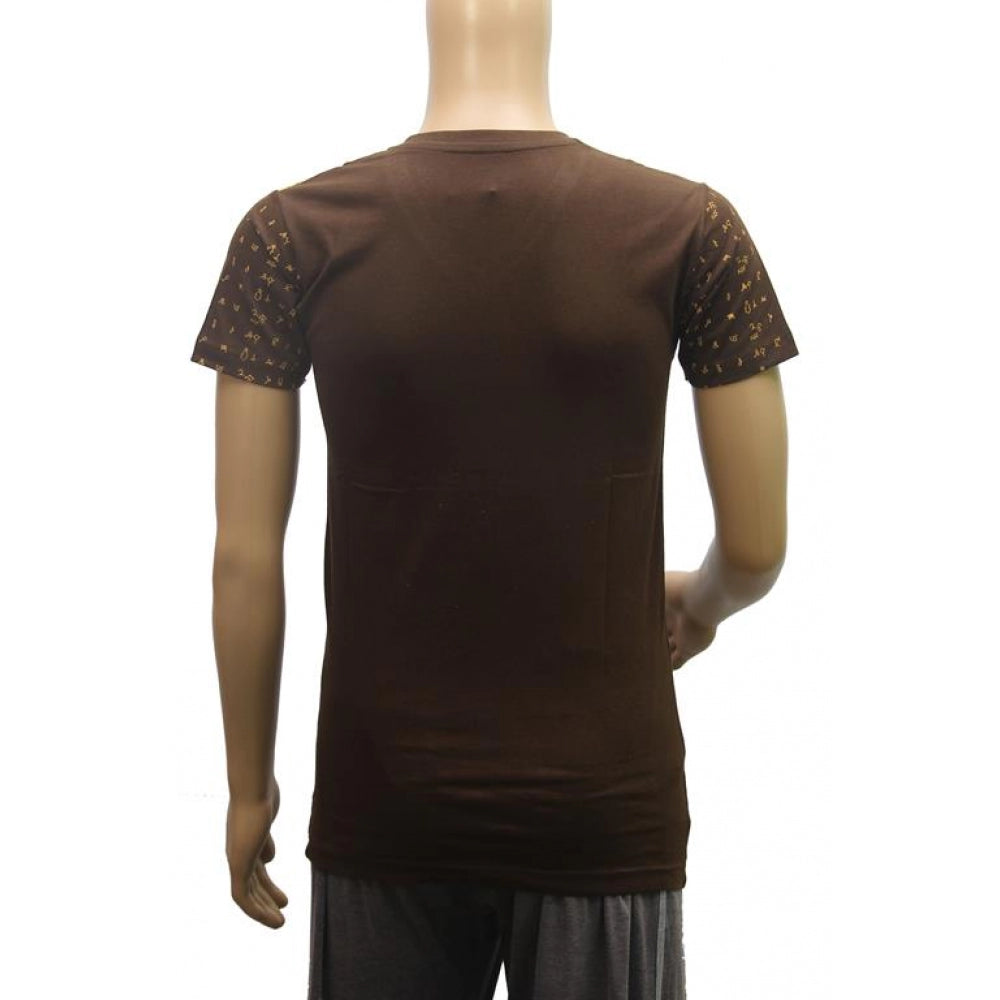 Brown cotton V-neck half sleeve men's printed t-shirt (XS) - casual fashion clothing for men on display rack