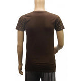 Brown cotton V-neck half sleeve men's printed t-shirt (XS) - casual fashion clothing for men on display rack