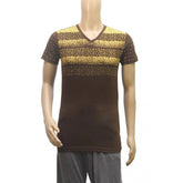 Brown cotton V-neck half sleeve men's printed t-shirt (XS) - casual wear for men
