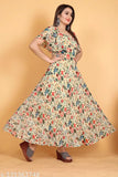 Flower printed chiku-color Georgette fancy kurti, short sleeves, digital rose print, plus size friendly, exclusive designer piece for women