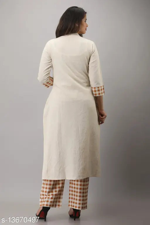 Pure cotton flex A-line kurta & palazzo set, three-quarter sleeves, solid pattern, India origin
