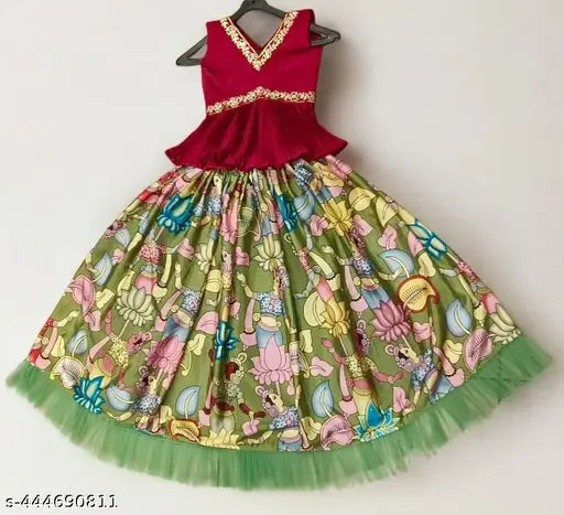Embroidered chiffon kids Lhenga Choli set in ethnic motif, sleeveless and available in various sizes from 3-4 to 14-15 years old