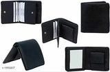 Faux leather tri-fold compact men's wallet with ID window, coin pocket, and multi-card slot. Solid pattern, top selling, free size (8cm x 11cm). Men's accessory on dark background