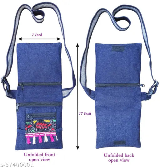 Denim two-fold sling messenger bag, 85"L x 7"W, features four compartments for daily essentials, embroidered design adds trendy touch