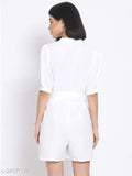 White women's polyester playsuit by Oxolloxo, solid color design with mock collar, short puffed sleeves, and matching fabric belt. Basic yet chic for casual outfits
