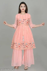 Chiffon Anarkali Palazzos with Embroidered Sleeves - Modern Girls Dress, India
