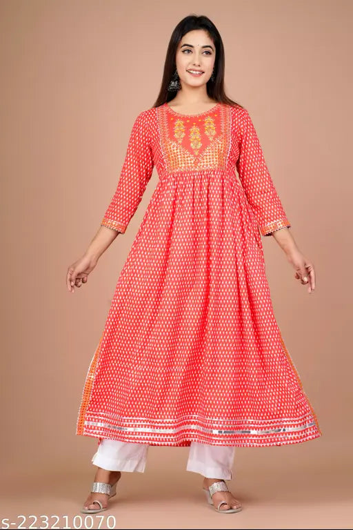 Red viscose rayon kurta with three-quarter sleeves and intricate embroidery, Indian women's fashion