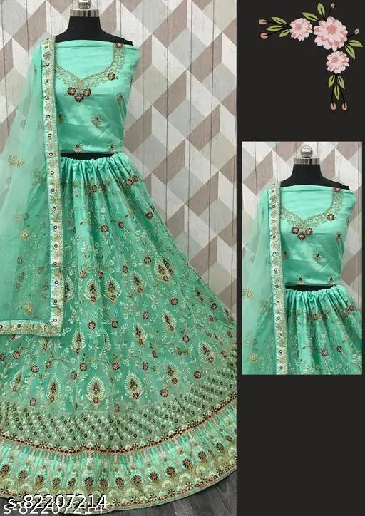 Sea Green Embroidered Net Lehenga Choli Set with Dupatta, perfect for casual and regular occasions, made in India