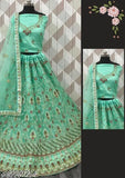 Sea Green Embroidered Net Lehenga Choli Set with Dupatta, perfect for casual and regular occasions, made in India