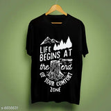 Blue cotton printed men's short-sleeve t-shirt with fun graphic design, size S on model