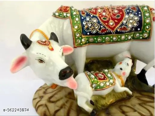 Multi-colored marble dust/polyresin Nandi Pooja figurine sculpture, designer stone-studded Gau MATA animal puja idol. Indoor showpiece, 10.5cm x 10.5cm x 10.5cm. Ideal for home decor or Diwali gift