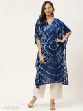 Blue rayon loose fit kaftan kurti, three-quarter sleeves, dyed/washed combo on mannequin