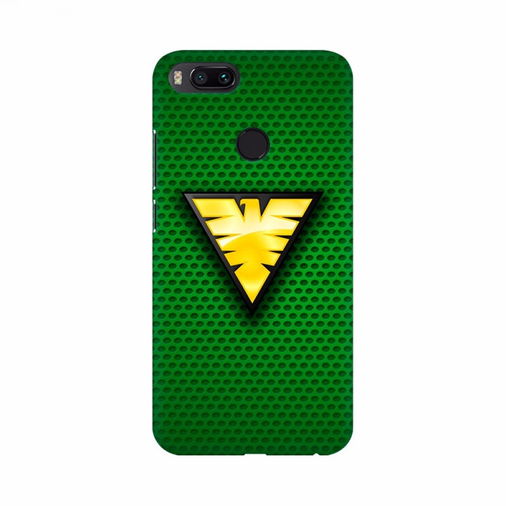 Yellowish triangle logo mobile case with green background, high-quality protection for all phones. Lightweight design with precise holes for access. 100% brand new