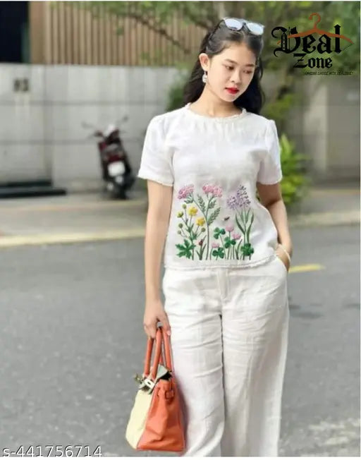 Beautiful South Cotton Embroidery Work Coord Set - Imported cotton blend pyjamas with puff sleeves kurta top & palazzo pants featuring intricate digital prints, traditional charm meets contemporary allure, country of origin: India