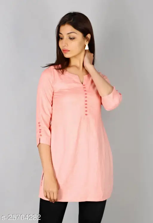 Peach rayon slub straight tunic kurti with beaded neckline and sleeve hem, women's fashion garment from India
