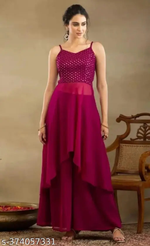 Sleeveless Georgette Sequin Work Kurta Palazzos - Solid, Indian women's fashion