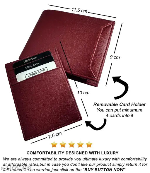 Brown PU leather men's wallet with removable card holder, features two compartments and solid pattern design