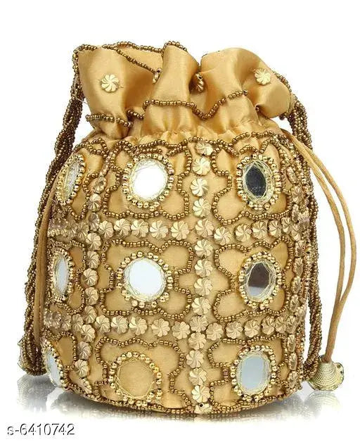 Golden polyester embroidered pouch, attractive women's handbag, Indian-made accessory