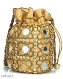 Golden polyester embroidered pouch, attractive women's handbag, Indian-made accessory