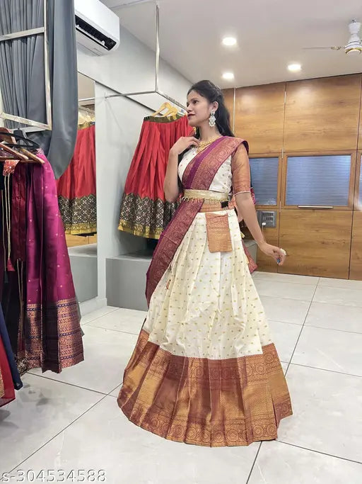 Traditional South Indian Art Silk Lengha Choli & Dupatta with Zari patterns, semi-stitched lehenga (42m waist, 40m length), unstitched blouse (0.8m), 2.25m dupatta. Lichi Silk for lehenga and choli, Banarasi Silk for dupatta. Tussles on both sides, beautiful tussled belt included. India-made, ready to ship