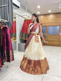 Traditional South Indian Art Silk Lengha Choli & Dupatta with Zari patterns, semi-stitched lehenga (42m waist, 40m length), unstitched blouse (0.8m), 2.25m dupatta. Lichi Silk for lehenga and choli, Banarasi Silk for dupatta. Tussles on both sides, beautiful tussled belt included. India-made, ready to ship