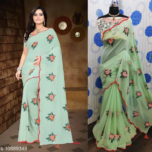 Georgette embroidered saree with Banarasi silk blouse piece, Indian handcrafted attire for women
