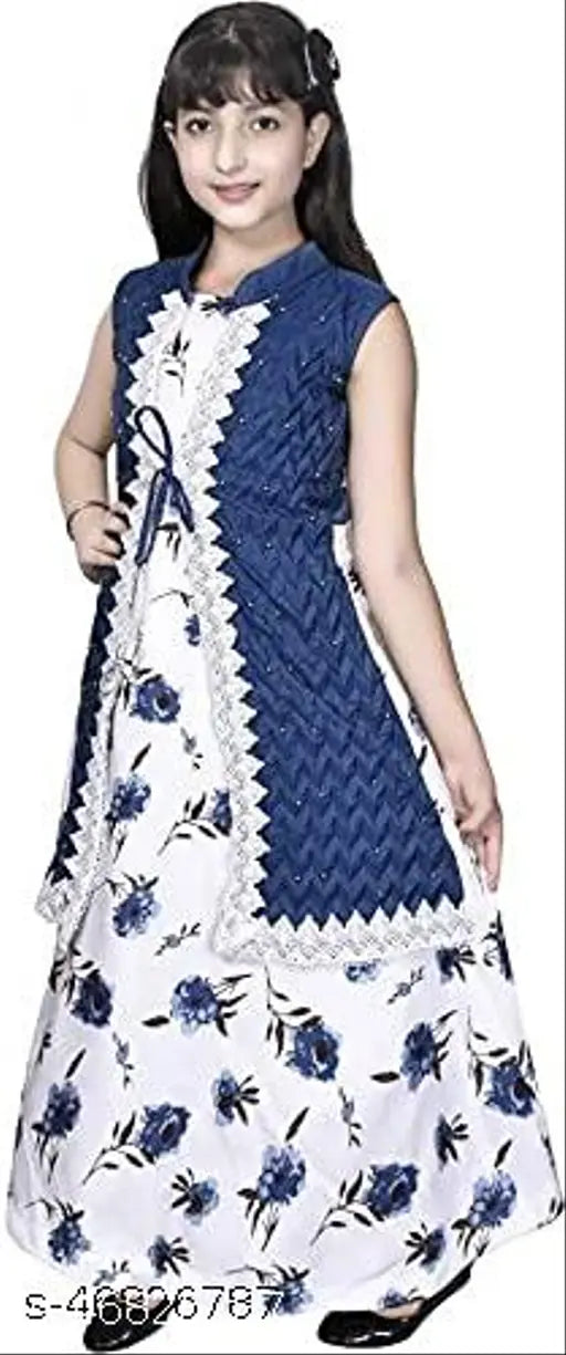 Navy Blue Cotton Blend Girls Ethnic Gown Pack of 1 - Digital floral print, short sleeve V-neck dress with belt, perfect for parties and special occasions. Imported from India
