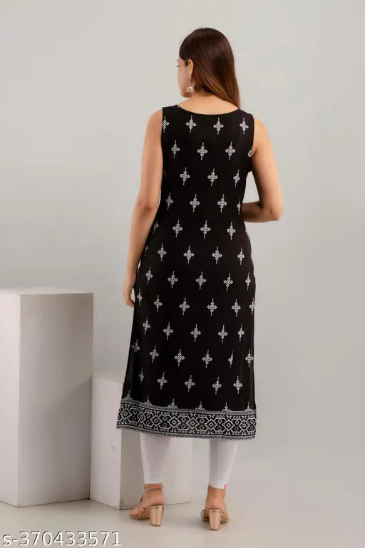 Women's printed straight sleeveless rayon kurti in vibrant Indian print, available in sizes S-4XL