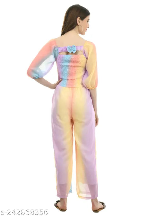 Chic georgette printed net jumpsuit, trendy and versatile for casual or evening wear by Indian designers