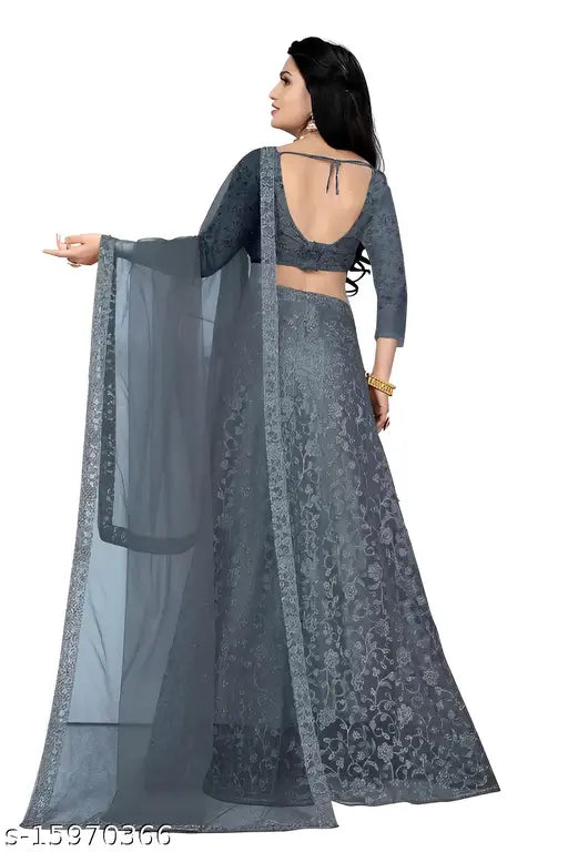 Indian net embroidered semi-stitched lehenga choli and dupatta set, embellished top with solid dupatta, perfect for weddings