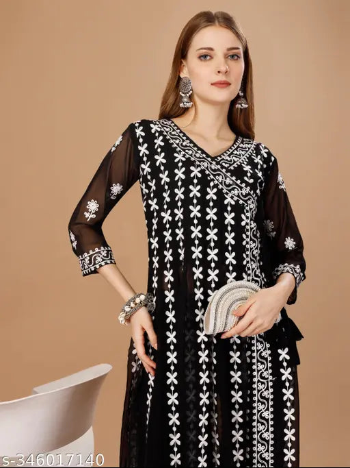 Cross-dyed Georgette Chikankari Refined Kurti, S - Bust Size: 36in